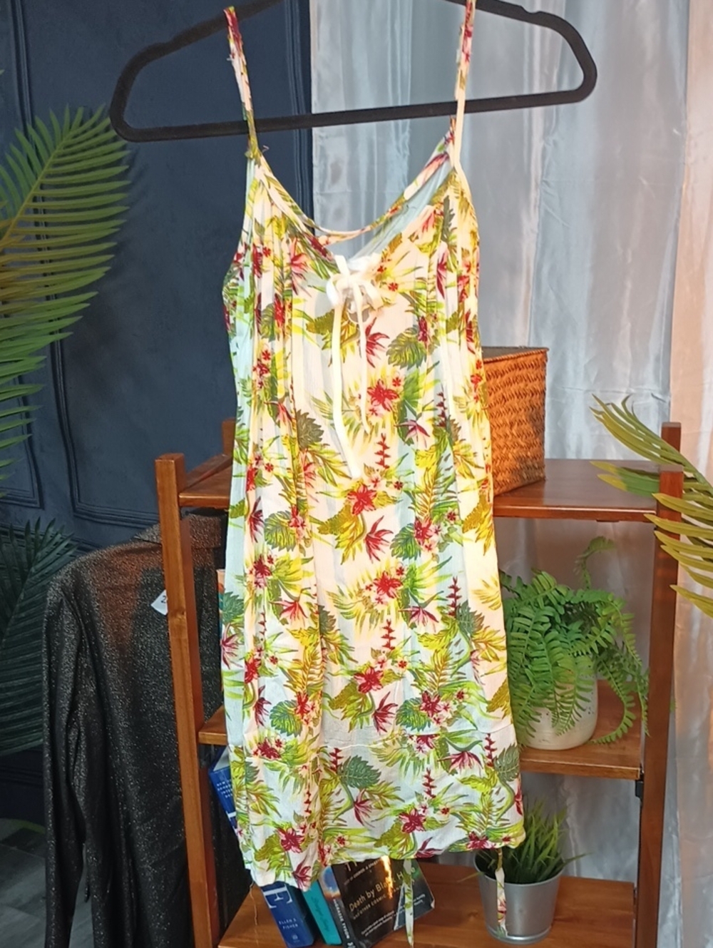 Salty Lemon - Size S -Tropical Floral Slip Dress — White with Green & Red Print